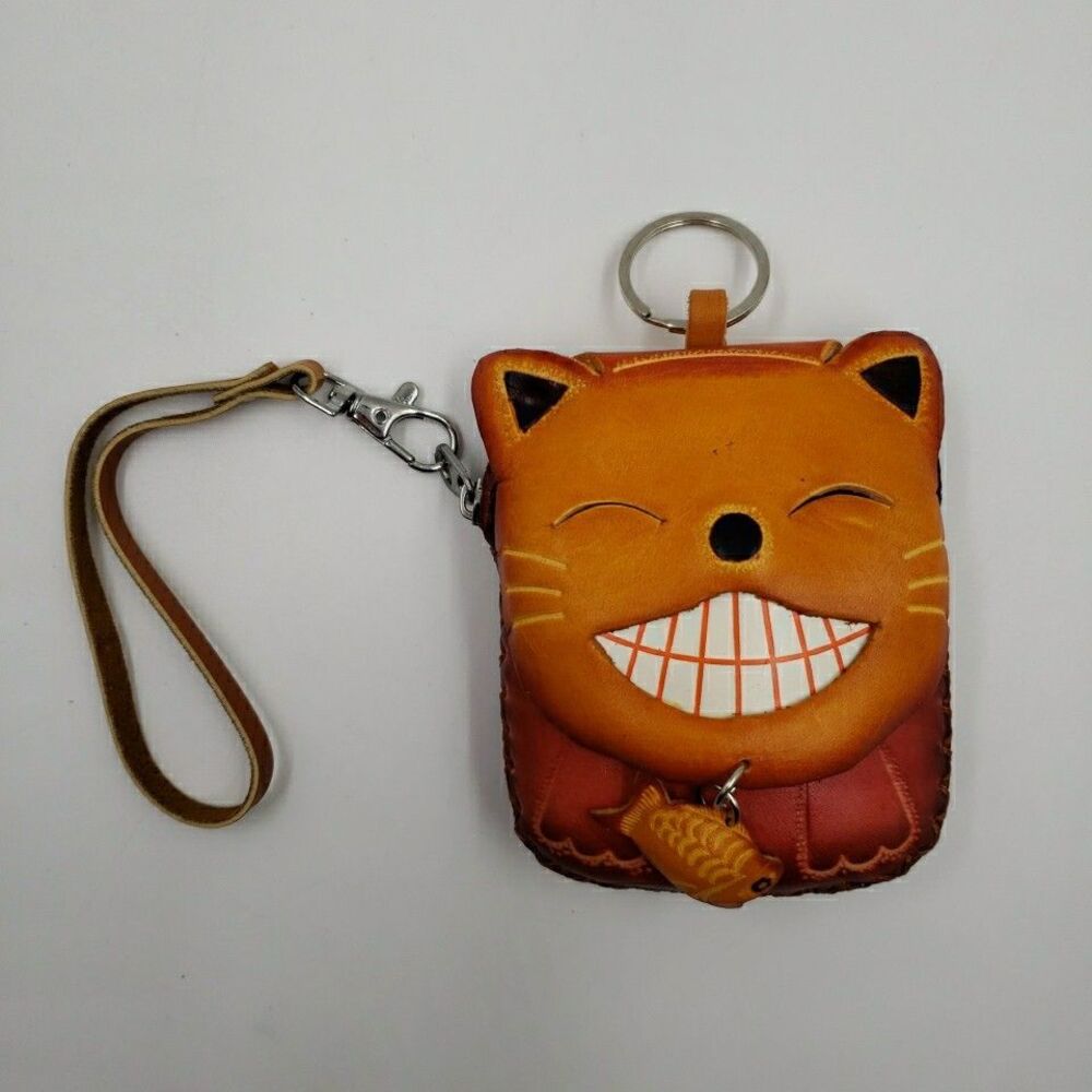Lucky Cat Coin Purse Leather Maneki Neko Wallet Keychain Fish Charm - Picture 9 of 14